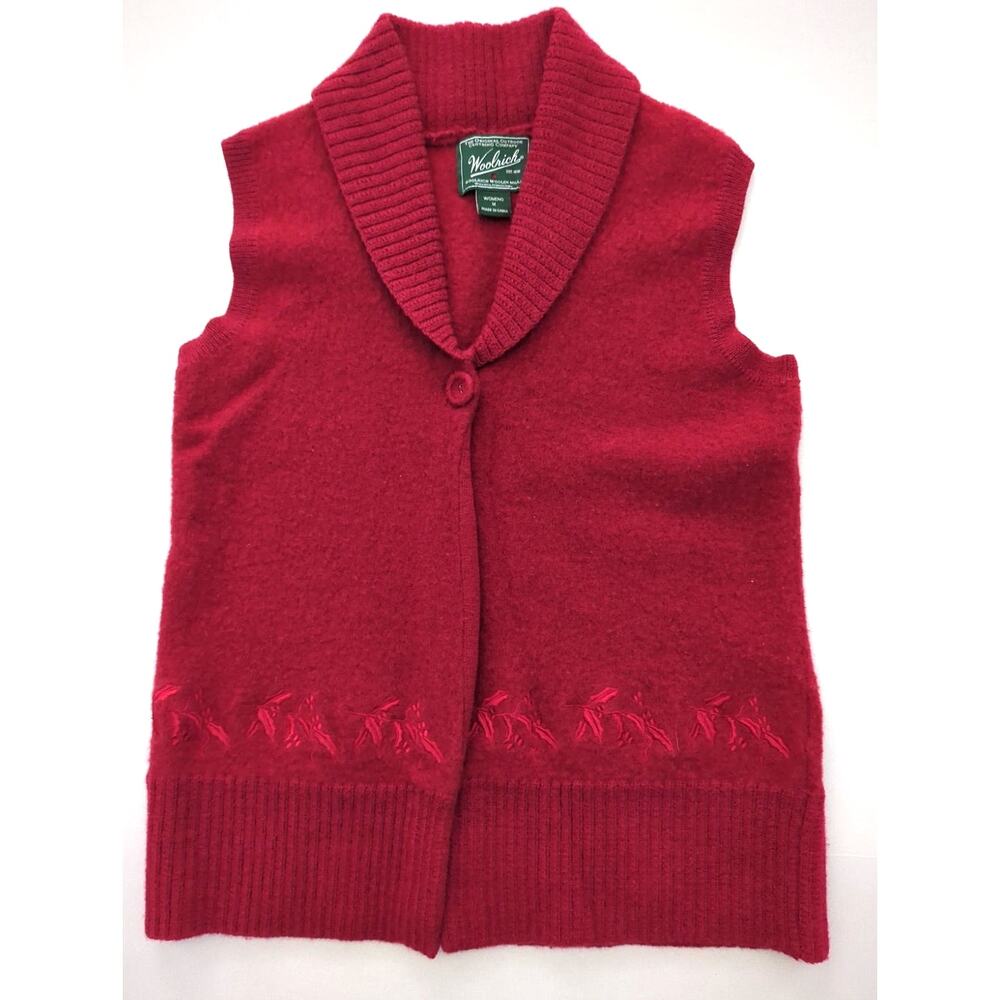 Woolrich 100% Wool Dark Red Embroidered Sweater Vest One Button Size M tiny flaw